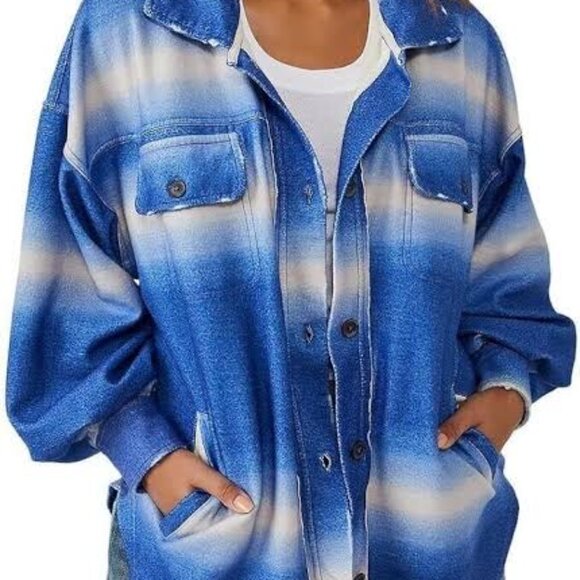 Free People Fleece Printed Deep Sea Blue Combo Ruby Jacket L Size NWOT - Picture 2 of 12